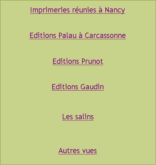 Zone de Texte: Imprimeries runies  NancyEditions Palau  CarcassonneEditions PrunotEditions GaudinLes salinsAutres vues