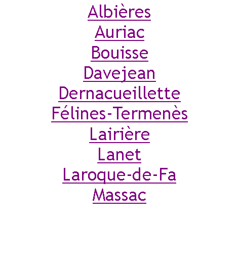 Zone de Texte: AlbiresAuriacBouisseDavejeanDernacueilletteFlines-TermensLairireLanetLaroque-de-FaMassac